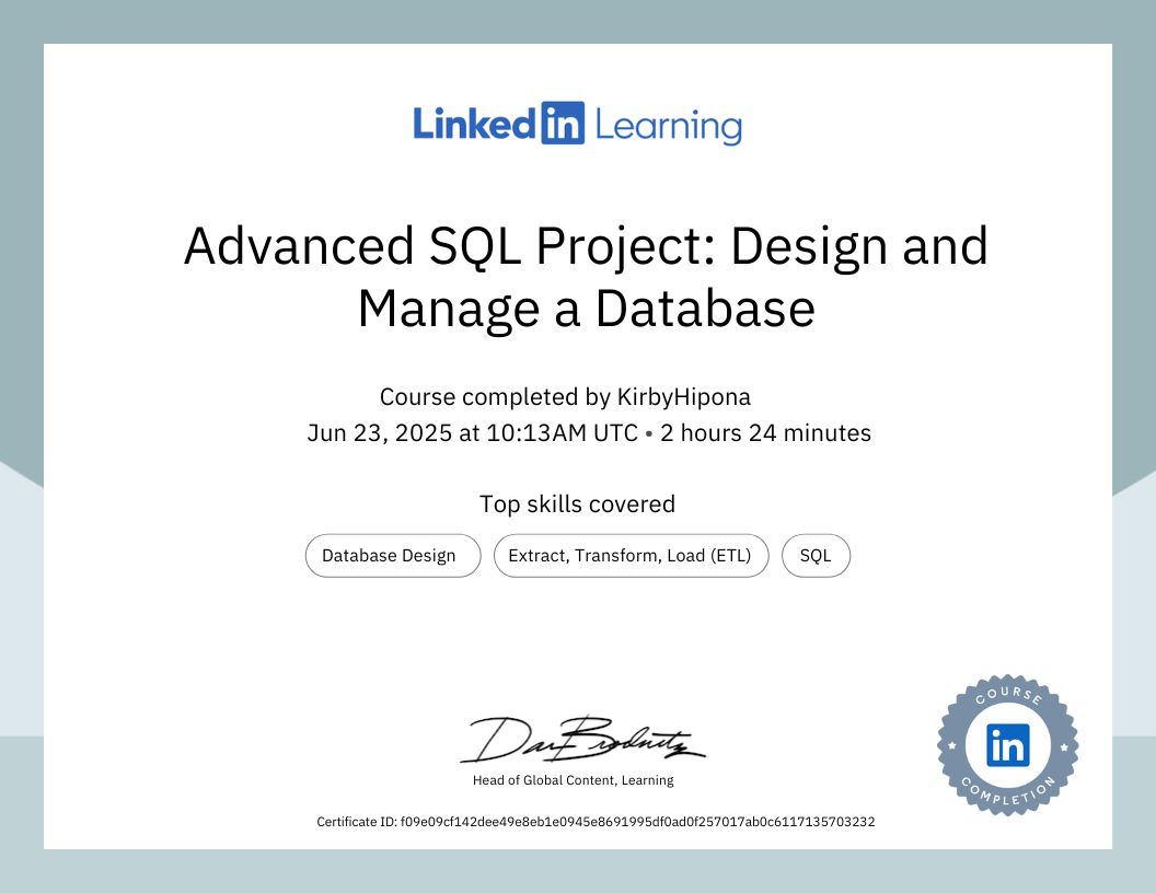 Advanced SQL Project Design and Manage a Database